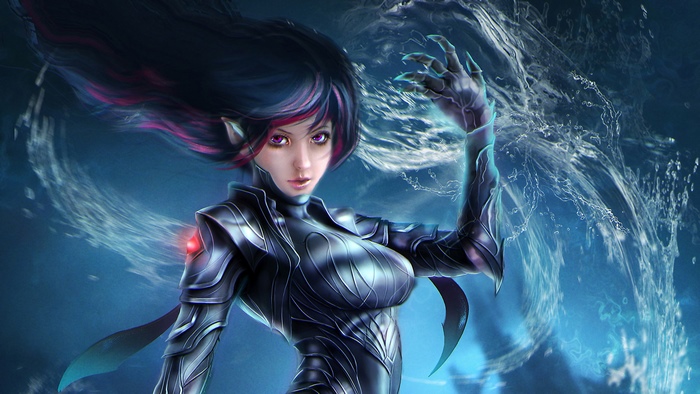 Sci-fi woman with dark hair and purple eyes
