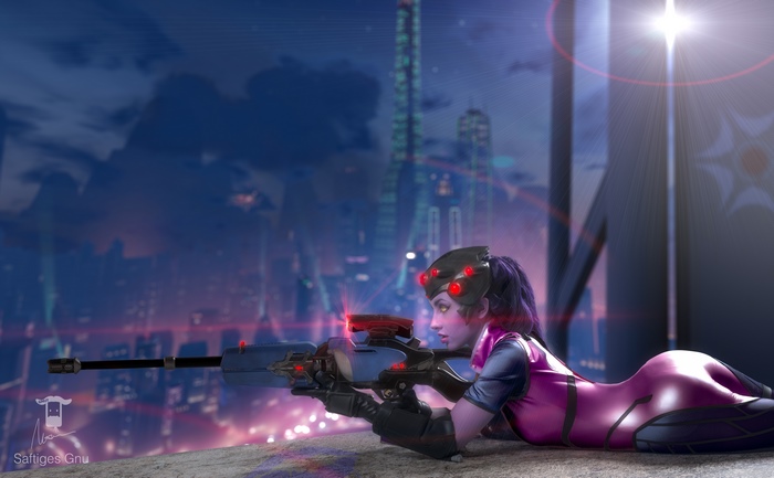 Widowmaker from Overwatch aiming a sniper rifle