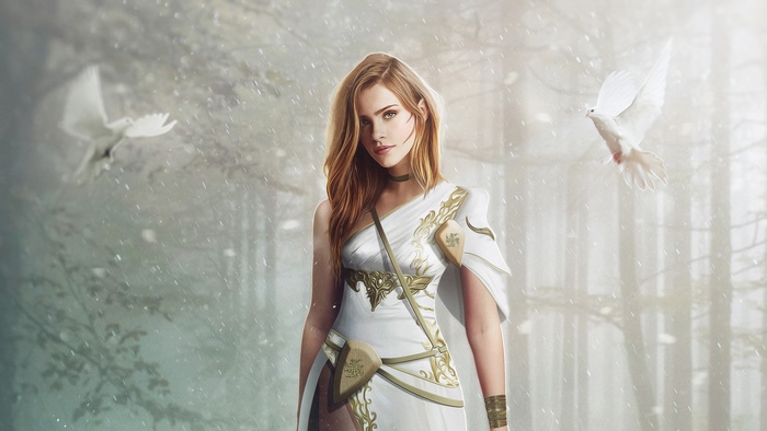 Fantasy girl with white doves in a forest