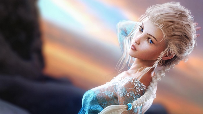 Fantasy Girl in Blue Dress with Braided Hair