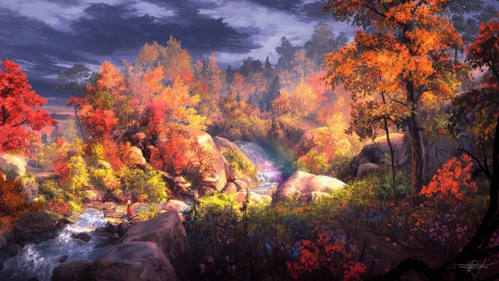 Fantasy Autumn Waterfall Digital Painting