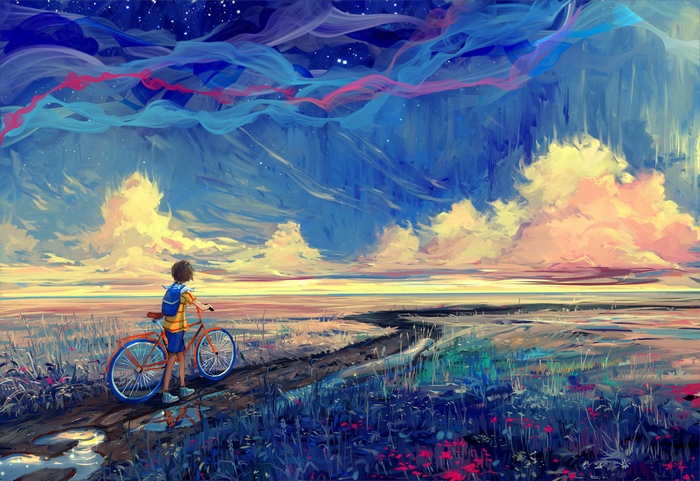 Boy with Bicycle on a Magical Twilight Path