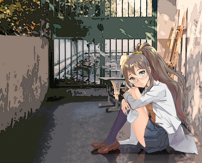 Rio Futaba sitting in an alleyway