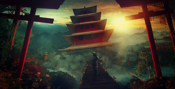Samurai warrior on a bridge before a floating pagoda