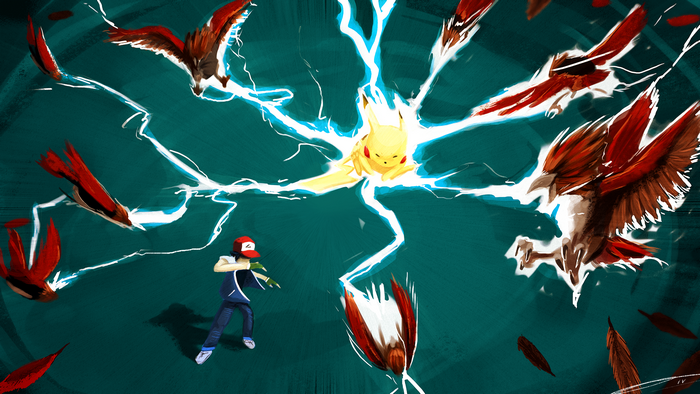 Pikachu Using Thunderbolt Against Fearow Flock