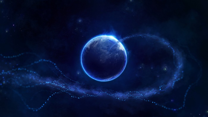 Blue planet in deep space with glowing particles