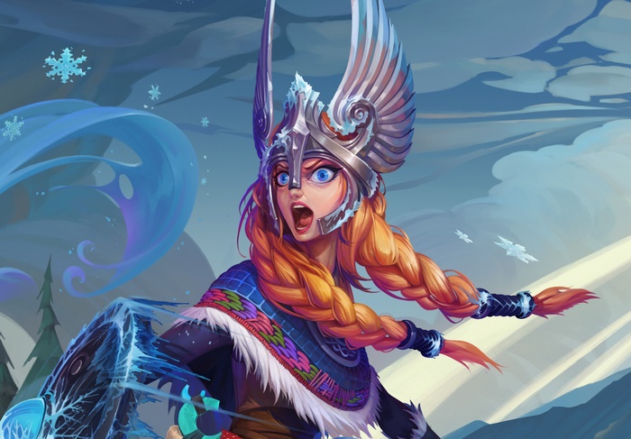 Crystal Maiden from DotA 2 with orange hair and blue eyes