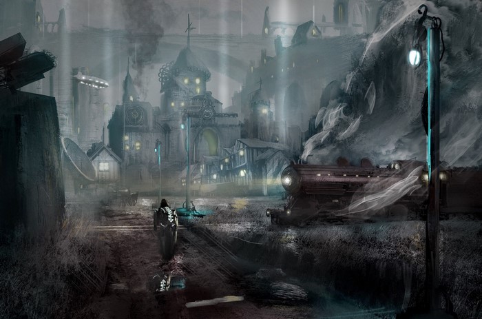 Steampunk city with a train and a person