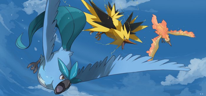 Articuno, Zapdos, and Moltres from Pokémon flying in the sky