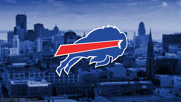 Buffalo Bills logo over cityscape