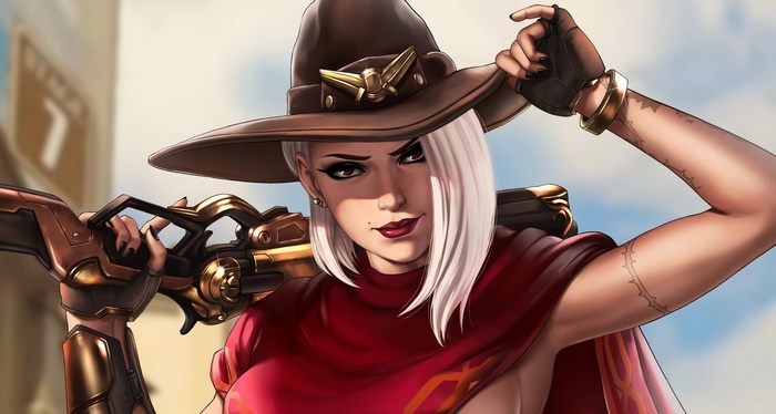 Ashe from Overwatch wearing a hat and holding a rifle