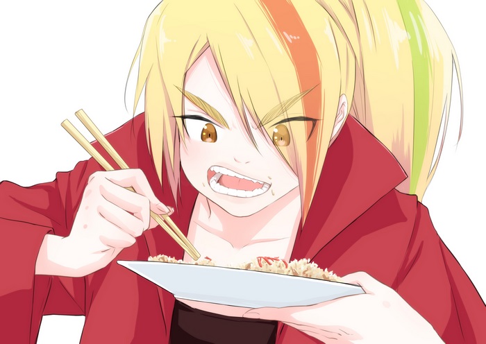 Saki Nikaidou eating rice with chopsticks