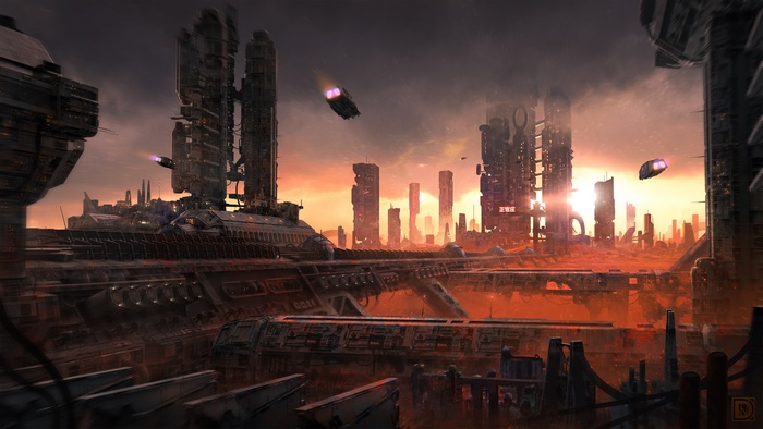 Futuristic Cityscape with Flying Vehicles at Sunset