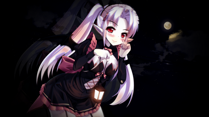 Anime girl with pigtails holding a lantern at night