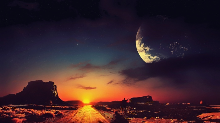 Sci Fi Landscape with Planet and Desert Road