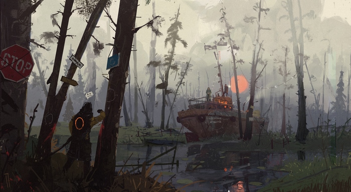 Post-apocalyptic swamp with a boat and a figure
