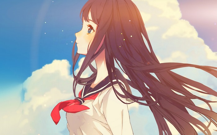 Anime girl with black hair and blue eyes in school uniform