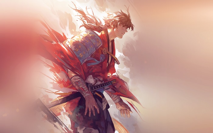 Dynamic Samurai Warrior with Sword in Fiery Scene