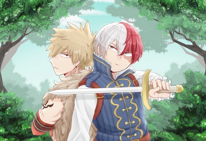 Katsuki Bakugou and Shoto Todoroki with a sword