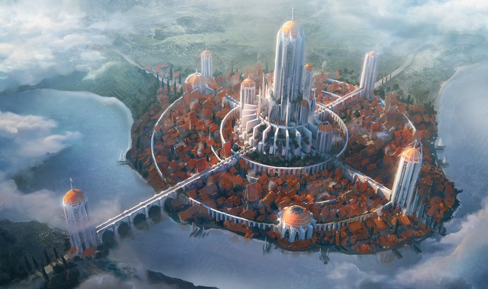 Aerial view of a circular city on a cliff overlooking a body of water