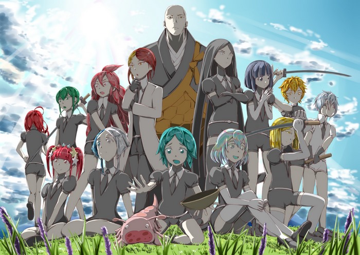 Characters from Houseki no Kuni in a field