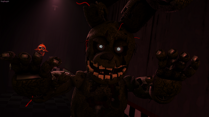Springtrap from Five Nights at Freddy's with a small fox animatronic