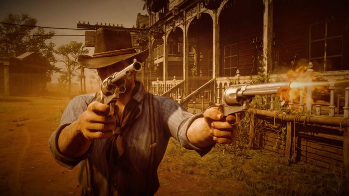 Arthur Morgan from Red Dead Redemption 2 firing revolvers