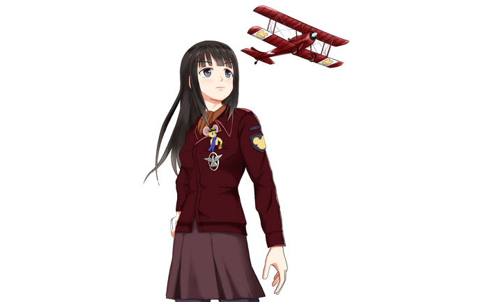 Girl in military uniform with a biplane