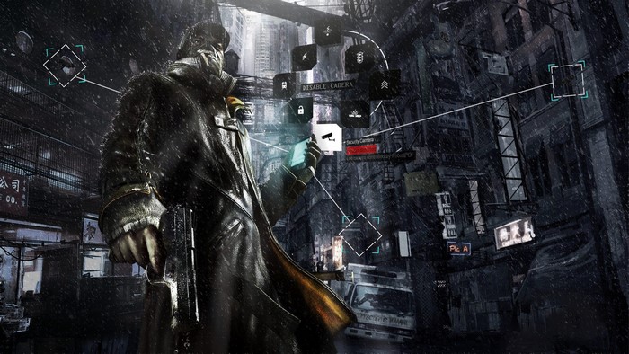 Aiden Pearce from Watch Dogs in a rainy city