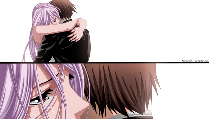 Moka Akashiya and Tsukune Aono hugging