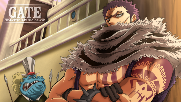 Charlotte Katakuri and a blue creature from One Piece