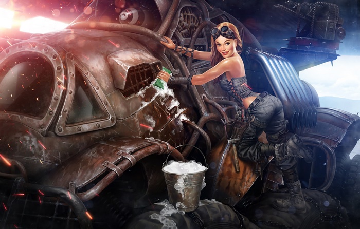 Girl washing a steampunk vehicle from Crossout