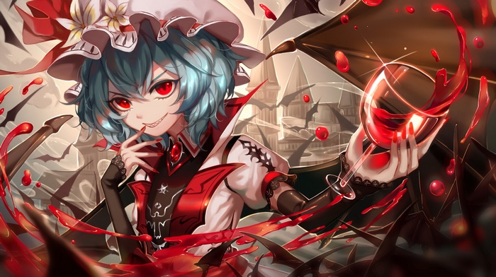 Remilia Scarlet from Touhou Project holding a glass of wine