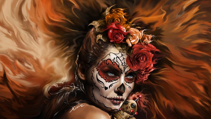 Girl with Sugar Skull Makeup and Roses