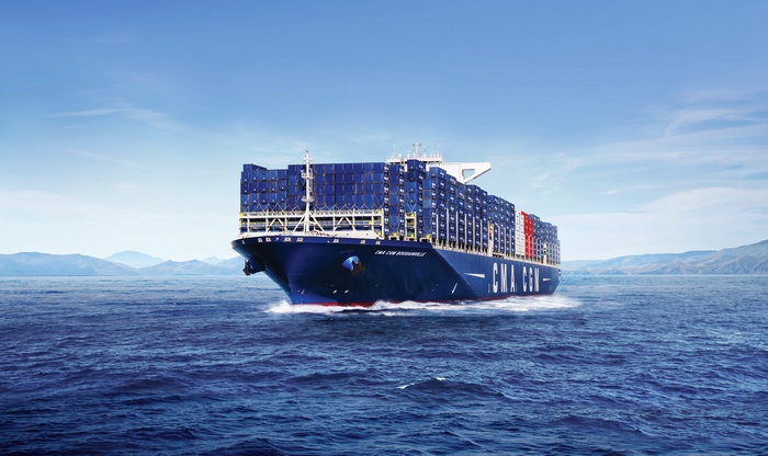 CMA CGM container ship sailing on the ocean