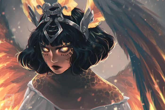 Woman with black hair and yellow eyes