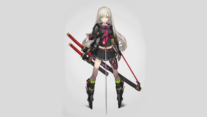 Anime girl with white hair and green eyes holding swords