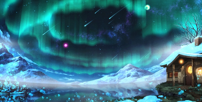 Aurora Borealis over snowy mountains and a cabin