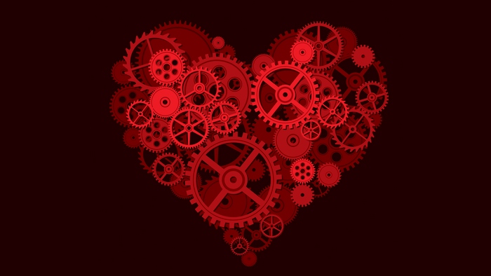 Mechanical Gears Forming a Red Heart