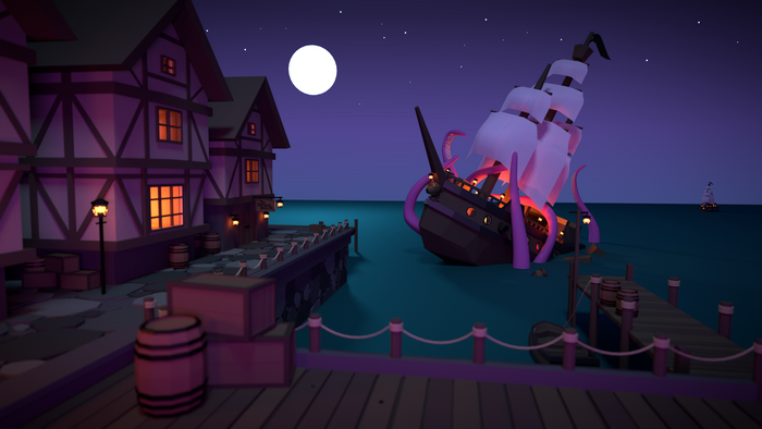 Night scene with a kraken attacking a ship near a dock