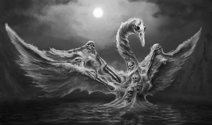 A skeletal swan creature with skulls in water
