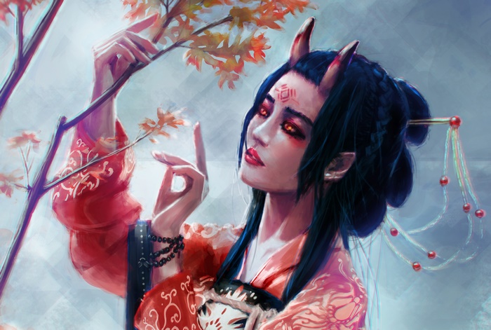 Demon girl with horns and red kimono near autumn tree