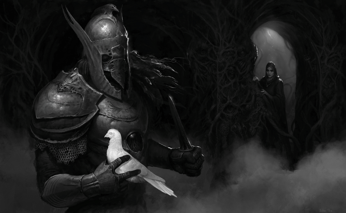 Warrior in armor holding a dove with a woman in the background