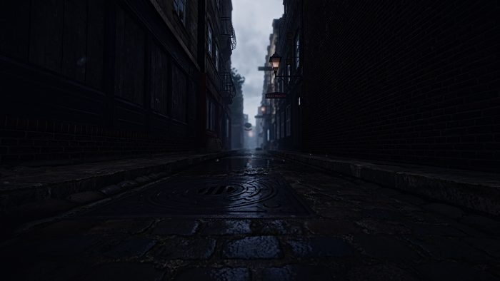 Rainy cobblestone alley with gas lamp