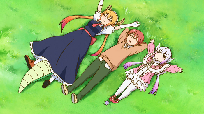 Kanna, Tohru, and Kobayashi from Miss Kobayashi's Dragon Maid lying on grass