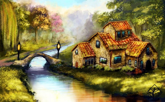 Stone bridge and houses by a river in a forest
