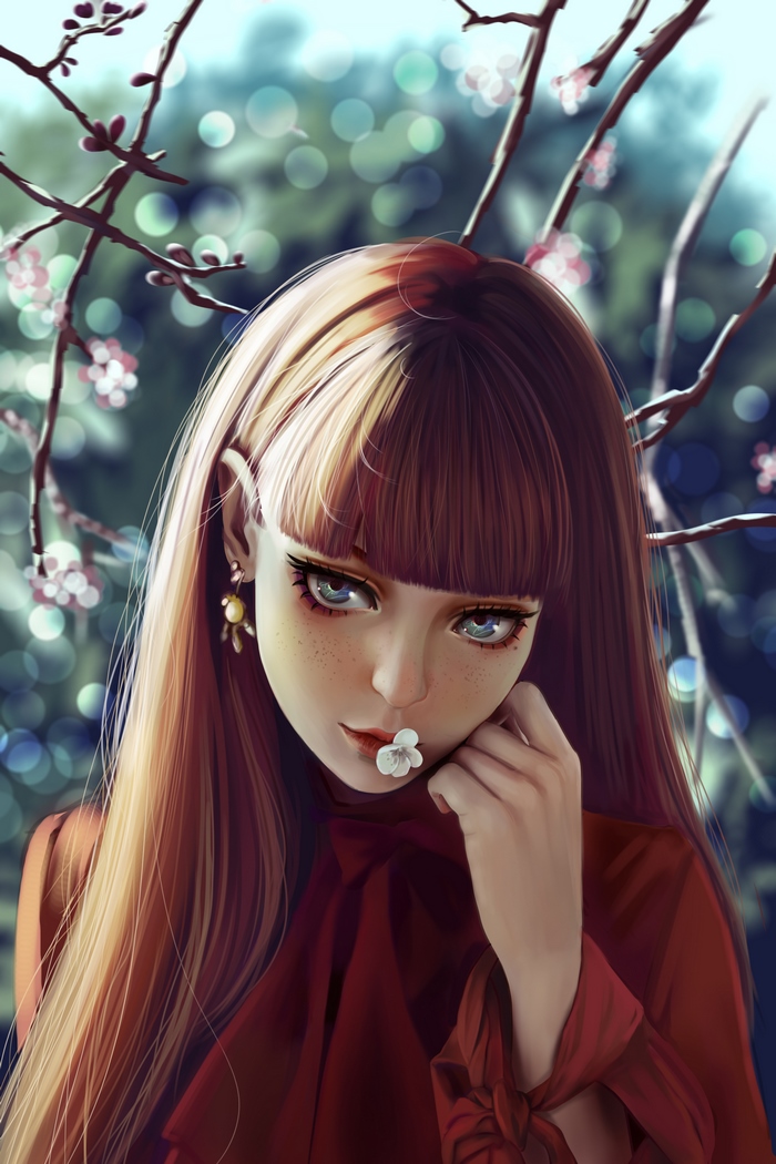 Digital painting of a beautiful girl in spring
