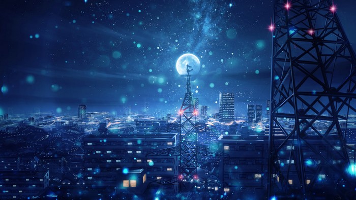 Anime girl on tower under moonlit sky 4K