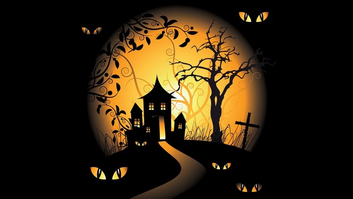 Halloween haunted house with glowing eyes and full moon