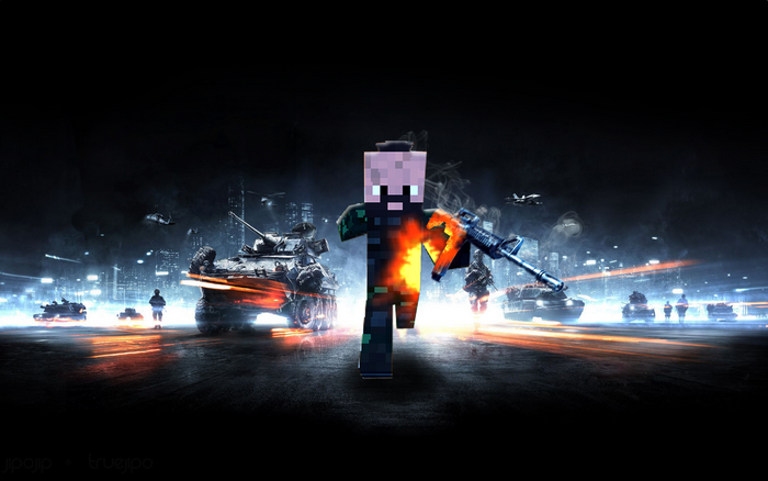 Minecraft character with assault rifle in battlefield